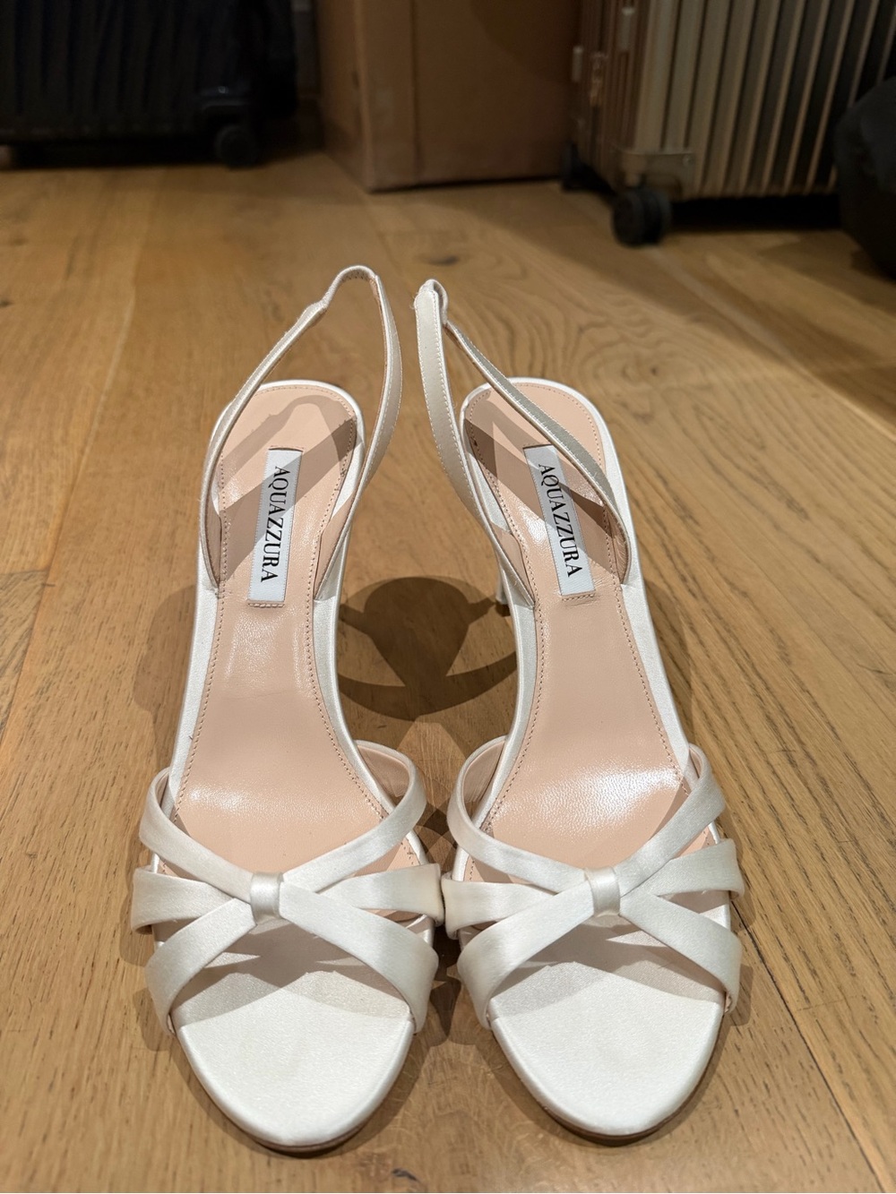 Aquazzura Ivory Satin Knot Front Slingback Heels